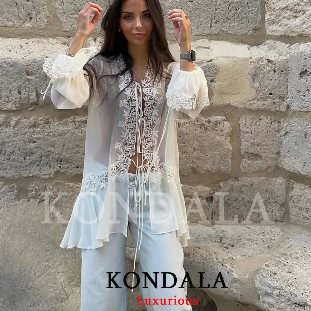 KONDALA Sexy Chiffon Transparent Women Blouses Bow Tie Patchwork Loose Ruffles Shirts Fashion 2026 Summer Beach Holiday Outwear