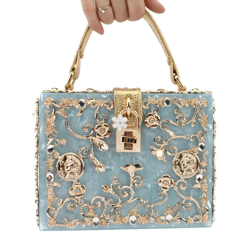 Box Designer evening bag diamond flower Clutch Bag hollow relief Acrylic luxury handbag banquet party purse women's Shoulder bag