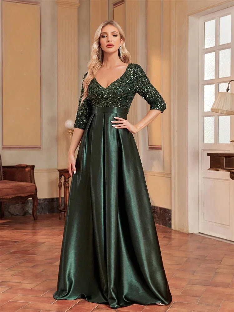 Elegant Short sleeve Sequins Evening Dress 2025 Women Satin Prom Party Green Dress Floor Length Formal Cocktail Gown