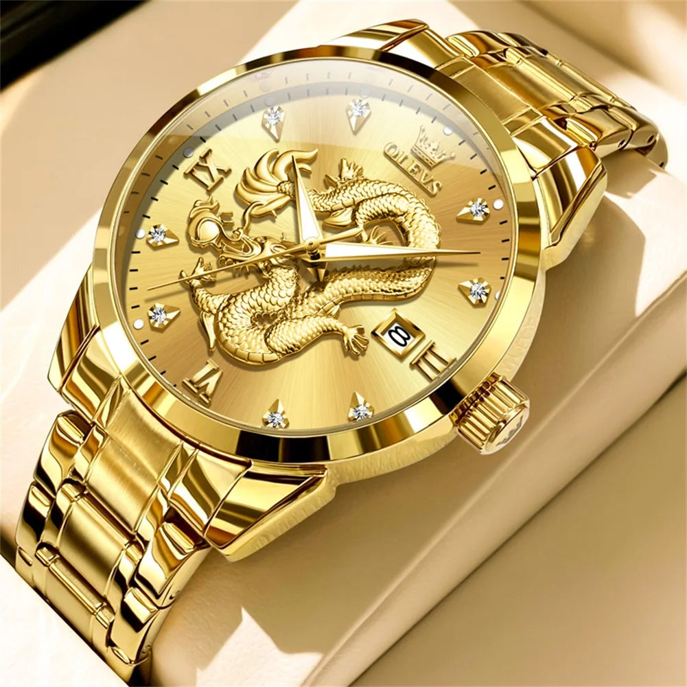 OLEVS Men's Watches Top Brand Fashion Original Quartz Watch for Man China Loong Dragon Dial Waterproof Luminous Date Olevs 3619