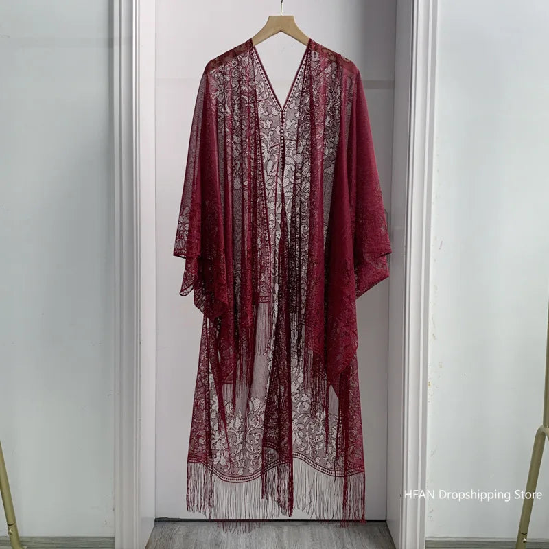 Women Sun Protection Shawl Lady Summer Hollow Out Lace Cardigan Holiday Bikini Blouse Breathable Beach Cape Sexy Long Tippet