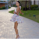 Vestidos curtos femininos com estampa tie-dye e decote em V profundo, manga flare, estampa slim, várias pregas,