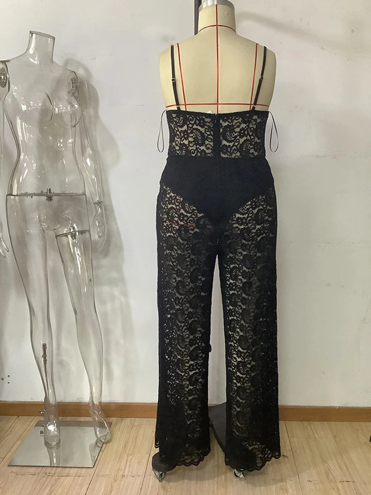 One Piece Jumpsuit for Plus Size Women Summer Spaghetti Strap Sexy Transparent Lace Jumpsuit Straight Pant Hollow Out Jumpsuit
