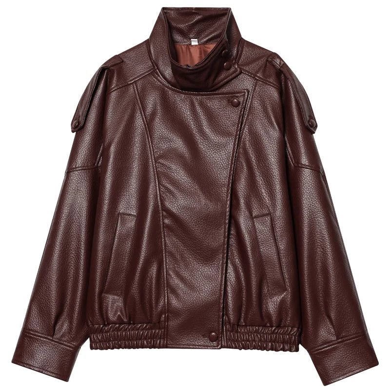 Jaqueta Feminina Curta de Couro Oversized Preta com Zíper e Manga Longa
