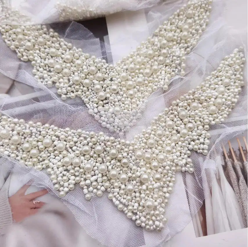 1 peça de apliques de renda com pérolas e miçangas, fitas para colarinho, joias femininas para costura, artesanato, roupas, vestido de noiva