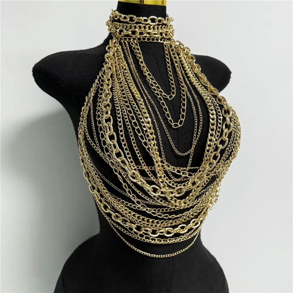 Top frente única de corrente metálica prateada, colete estilo "body chain" em camadas, sexy; acessório de joia tipo lingerie para festivais, raves, festas e baladas.