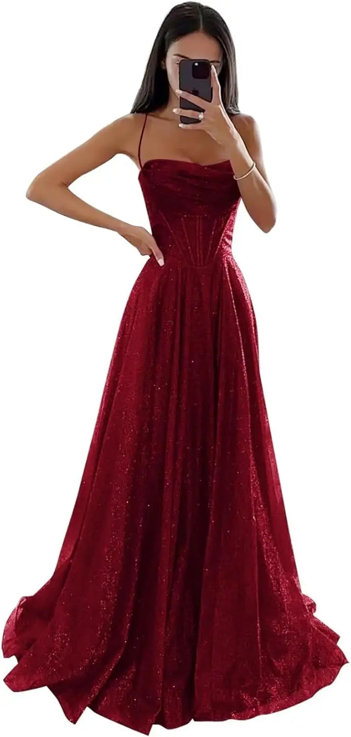 Spaghetti Straps Sleeveless Prom Dress for Women Long Shiny Tulle Formal Evening Party Gown with Slit Formal Dress Women Elegant