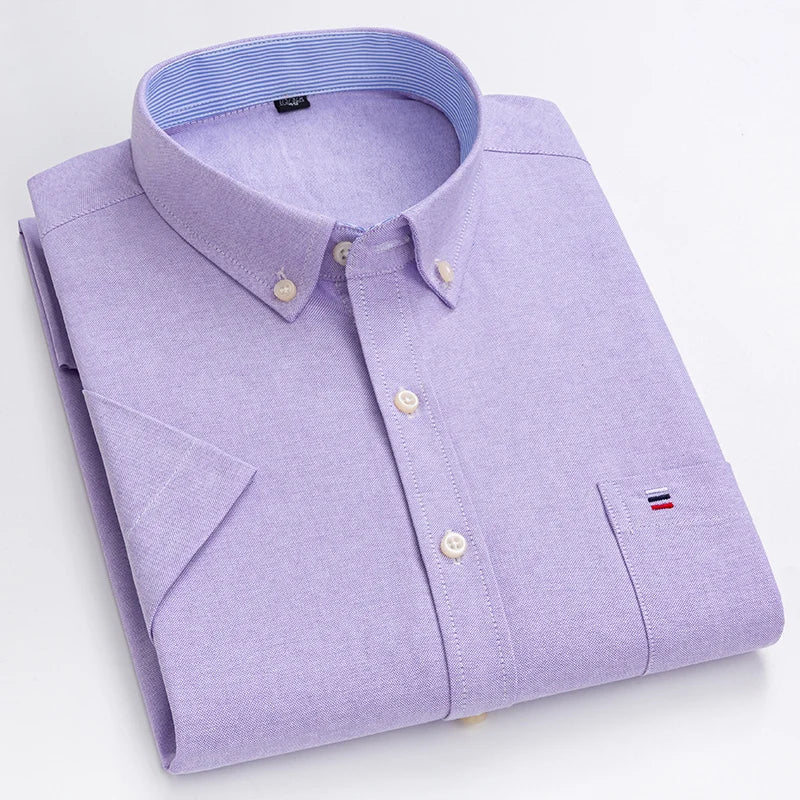 Men's Pure Cotton Oxford Short Sleeve Summer Casual Shirts Comfortable Standard-fit Button-down Plaid Solid Color Cotton Shirt