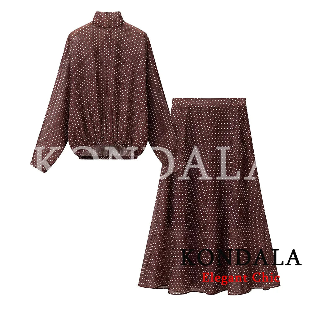 KONDALA Elegant Polka Dot Skirt Set Women's Summer Holidays Beach Casual Set Bow Collar Shirt, Midi Skirt 2026 Trendy Skirt Set
