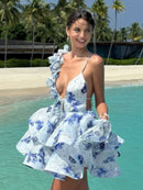 Vestidos curtos femininos com estampa tie-dye e decote em V profundo, manga flare, estampa slim, várias pregas,