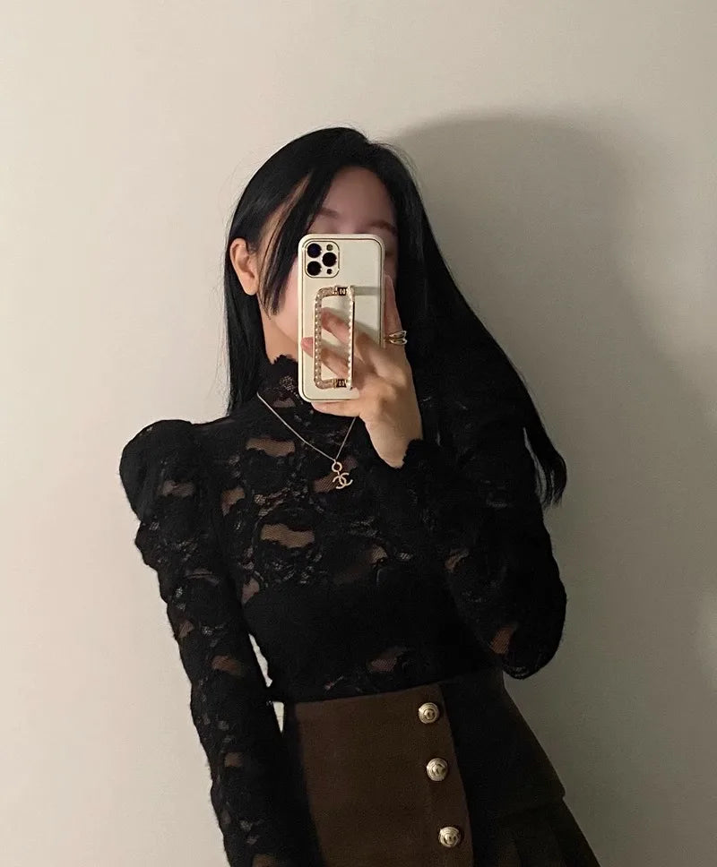 Fleece Lined Lace Base Shirt Women's Autumn Winter Hollow out Mesh Top Trendy Commute Style High Neck Long Sleeve Color