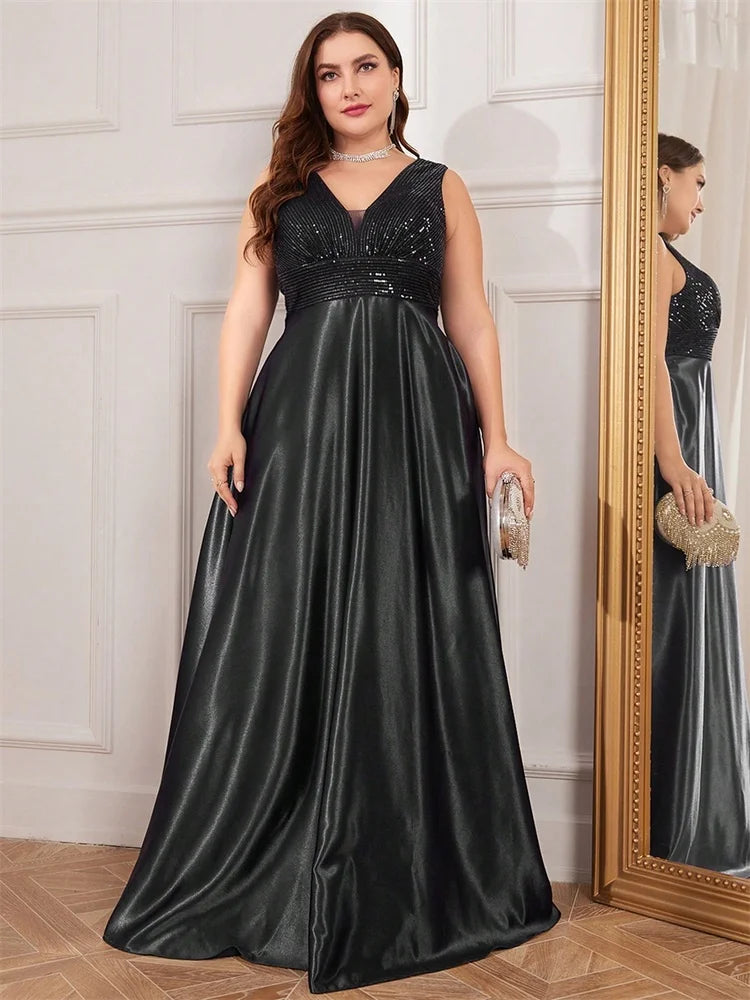 Vestido de Festa em Cetim com Lantejoulas e Decote em V