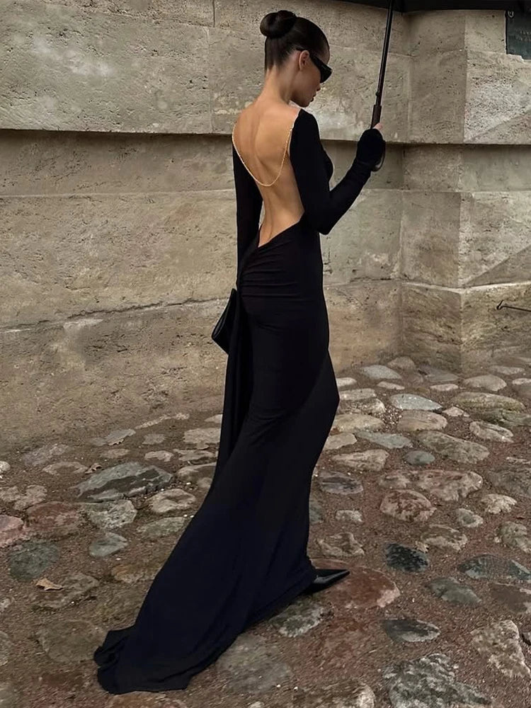 Sisterlinda Classic Bead Backless Dress Women Sexy Slash Neck Full Sleeve Simple Fashion Stretch Banquet Party Elegant Vestidos