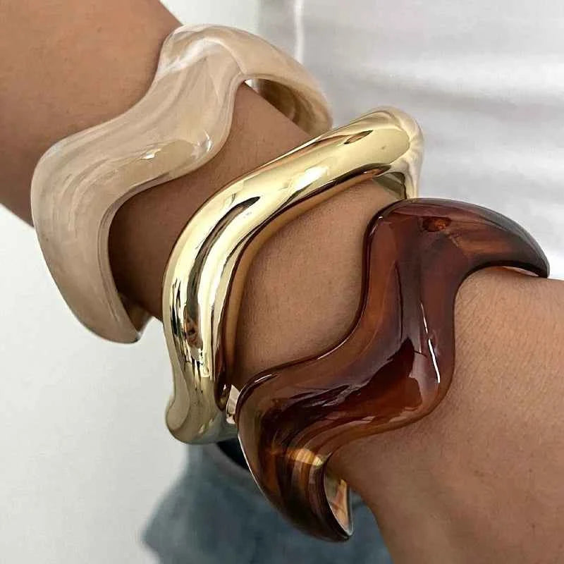 3Pcs Irregular Wavy Cuff Bangle Set For Women Resin Chunky Wave