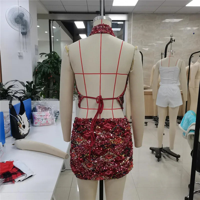 hirigin Chic Sequin Mini Skirt Suit Women Summer Beach Slim Halter Neck Crop Top Skirts Set Lady Holiday Shine Backless Sets