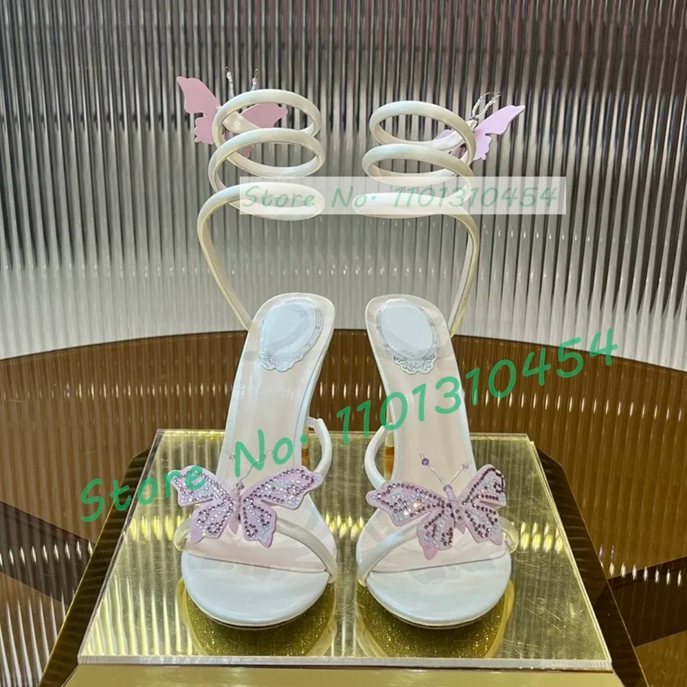 Sandálias femininas de cobra, borboleta amarela, dedo aberto, estilete de cristal, salto alto, sapatos luxuosos de couro de vaca, lindo na moda - CRAVO ROSE