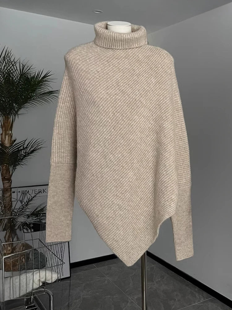 Asymmetric Knit Poncho Sweater for Women Soft Rib-knit Turtleneck Long Sleeve Pullovers Female Tops Autumn Winter Casual Outfit