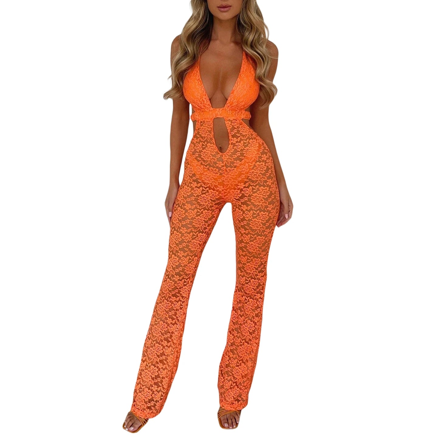 Women Halter Flare Jumpsuit Casual Summer Cutout Lace See-Through Backless Romper Pants Streetwear