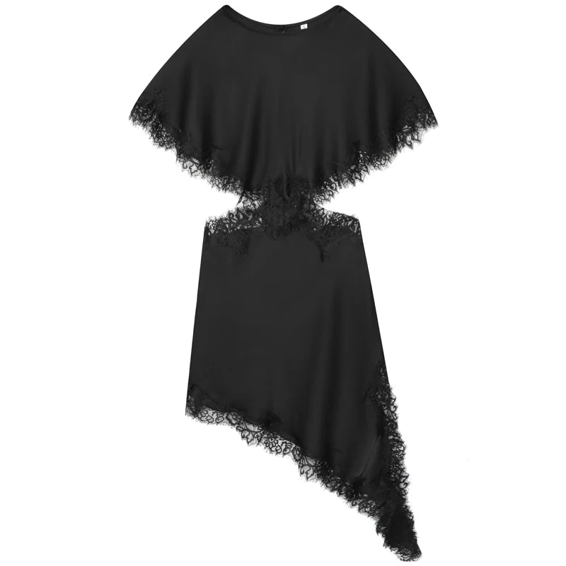 Vestido Midi de Festa Preto com Renda e Recortes Vazados