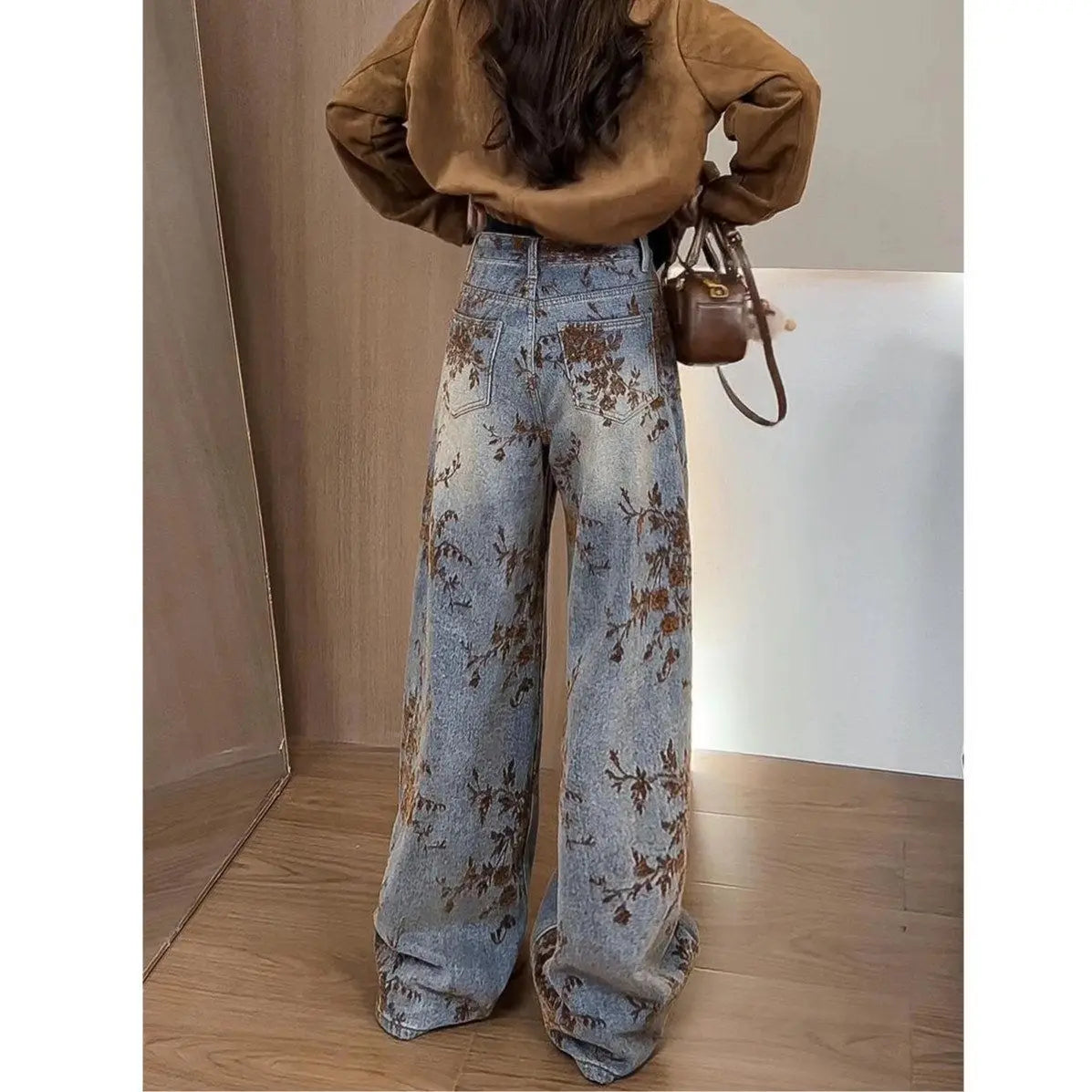 Women's Fashion Flocked Jacquard Wide-Leg Jeans - 2025 New Winter Style, High-Waisted, Slimming, Straight-Leg