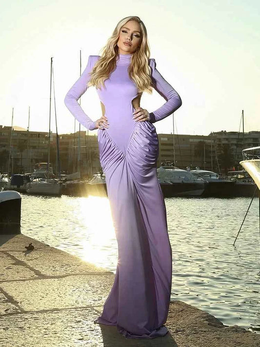 Weird Puss Backless Maxi Dress Women Shoulder Pads Long Sleeve Waistless Peach Buttocks Ruched Elegant Banquet Skinny Vestidos