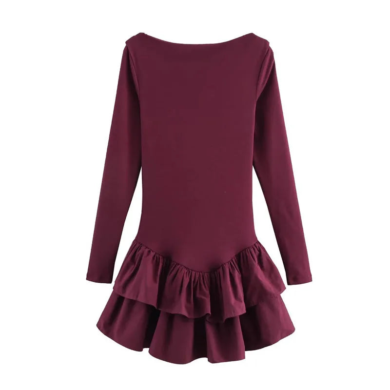 HXAO Womens Dresses Ruffled Corset Dress Summer 2025 Red Brown Black Dress O-Neck Long Sleeve Dresses Layered Party Vestidos 066