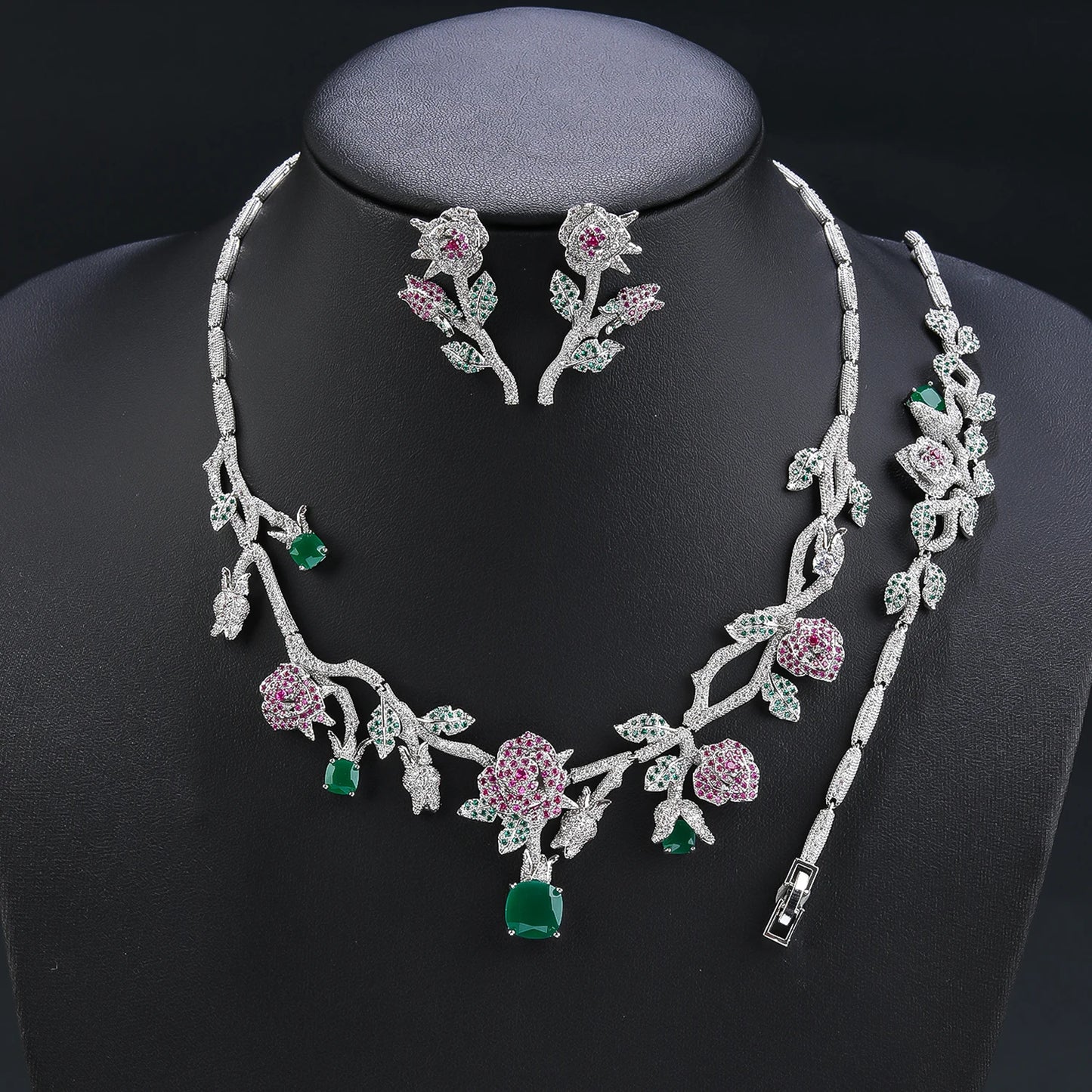 New Luxury 3-piece Cubic Zirconia Rose Flower Necklace Earrings Bracelet Set Bridal Wedding Ball Accessories CN10359T
