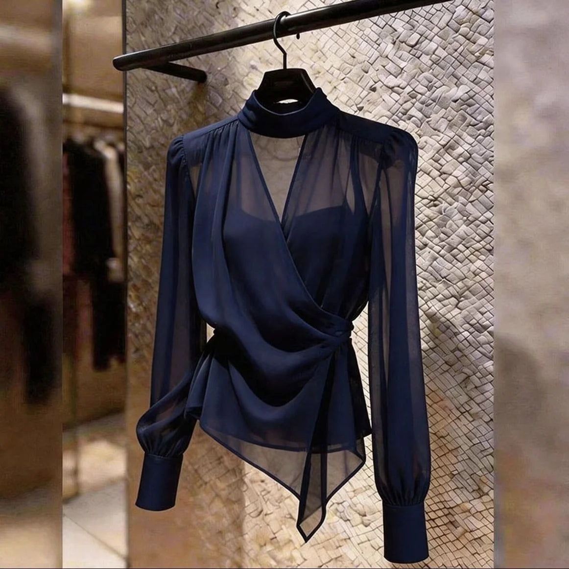 Elegant V-Neck Long Sleeve Women's Shirt Asymmetric Fashionable Versatile Top for Summer Season French Style Slim Fit Shirt