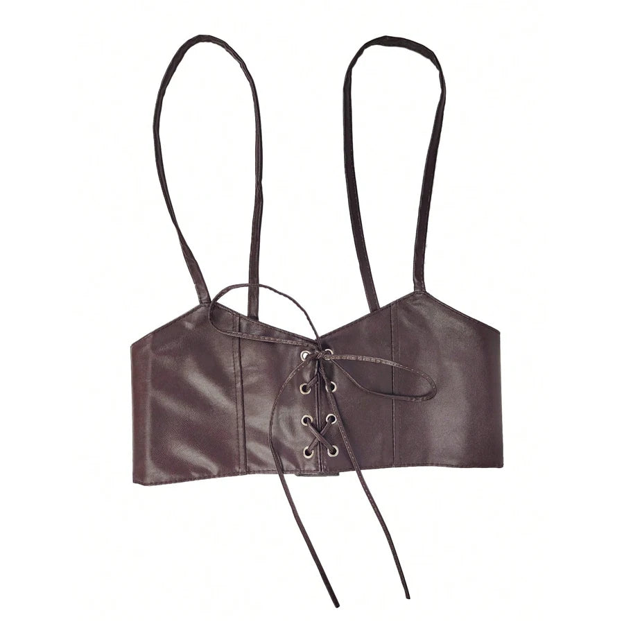 Fashionable women's leather vest with elastic waistband and shirt decoration