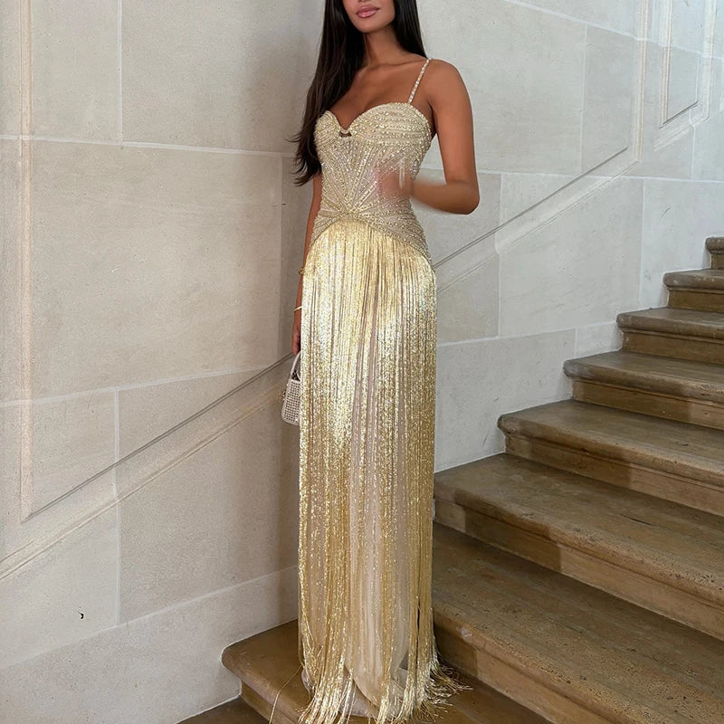 Sexy Off Shoulder Sleeveless Suspender Dress Women's Elegant High Waist Slim Tassel Long Dress Fashion Draped Solid Long Dress
