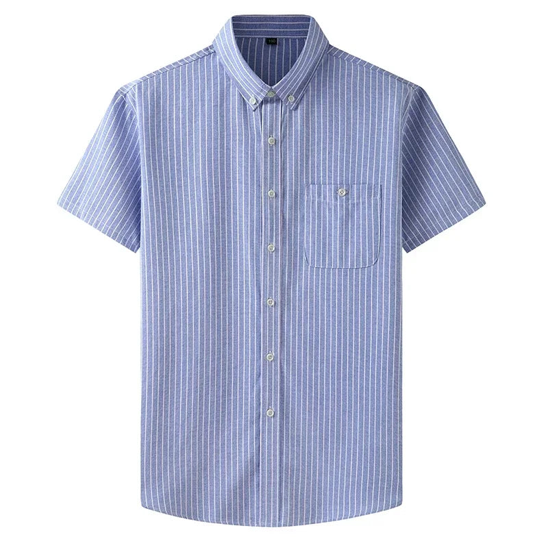 New Summer Men Striped Short Sleeve Shirt Men Dress Shirts Pure Color Business Work Button Up Shirt Big Social Korean Clothes