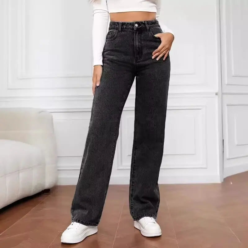 Trendy Cross-Border Hot Selling Women's Sweet-and-Spicy Style High-Waist Loose Casual Straight Leg Jeans Cotton Gauze