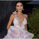 Vestidos curtos femininos com estampa tie-dye e decote em V profundo, manga flare, estampa slim, várias pregas,