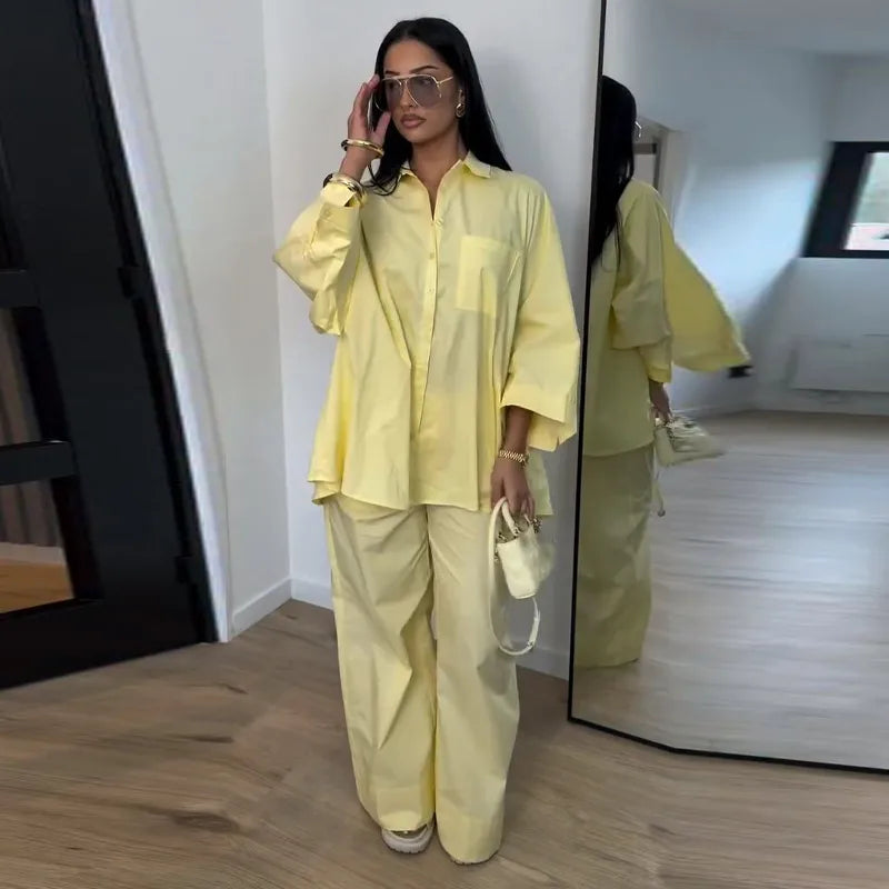 Lapel Short Sleeve Pocket Solid Color Shirt Pants Set Loose Fit Straight Leg Trouser 2026 Spring Casual Women Daily Outfit