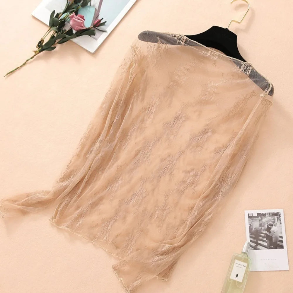 New Half High Collar Lace Shirt Transparent Perspective Long Sleeve Women Clothing Hollow Bottom Shirt Ladies