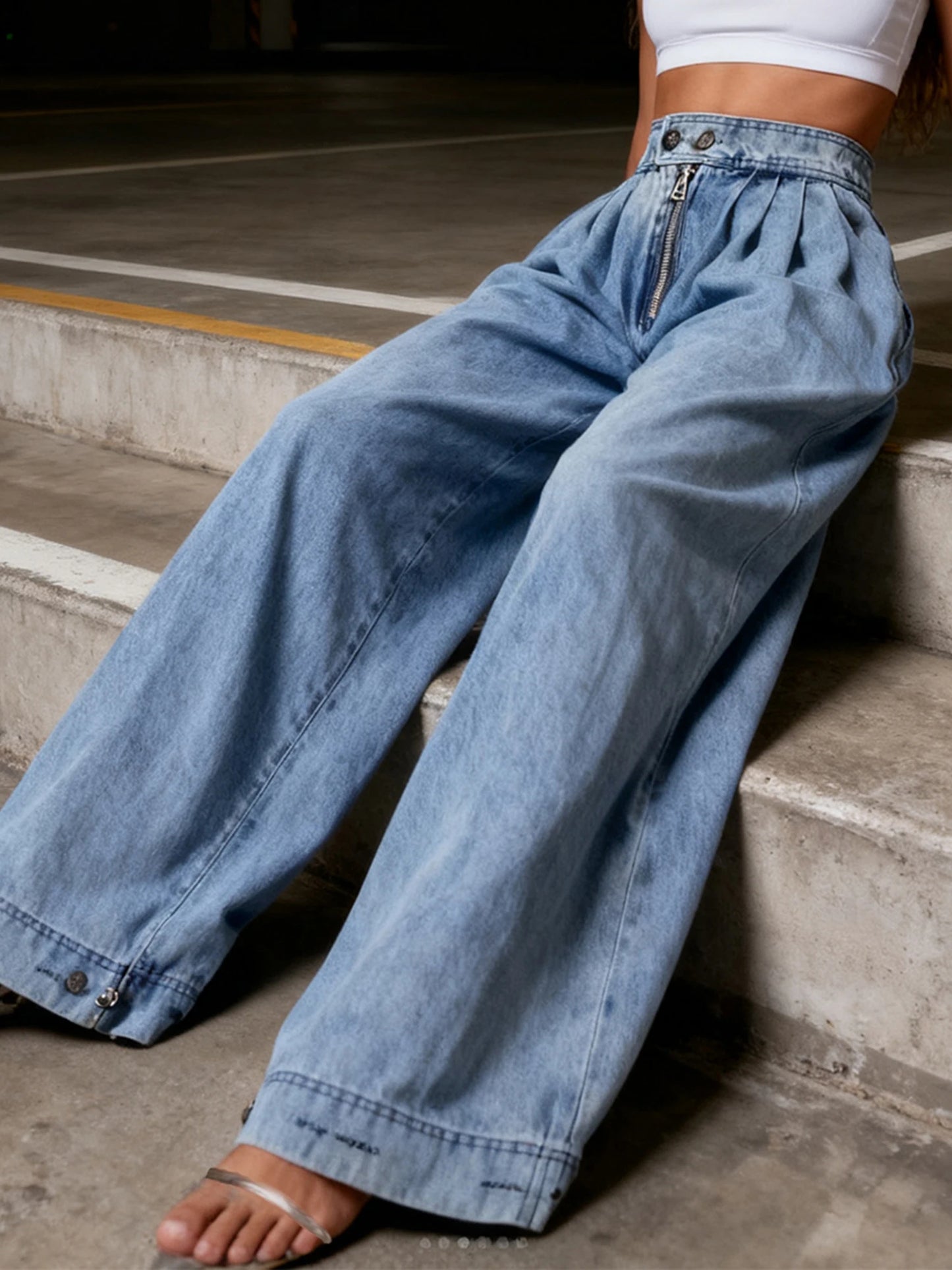 Women Harem Denim Pants Causal High Waist Wide Leg Baggy Solid Color Trousers with Pockets