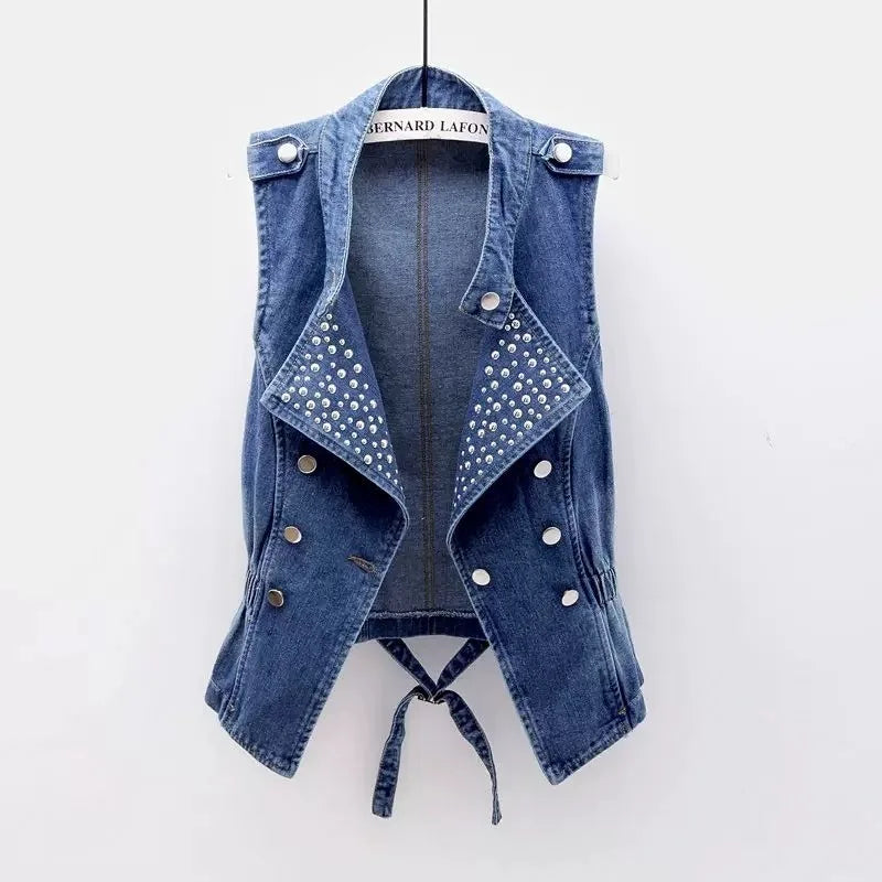 HLJ&GG Blue Fashion Denim Rivet Double-breasted Sleeveless Coats Women Lapel Slim Cowboy Vest Autumn New Tops Streetwear 2025