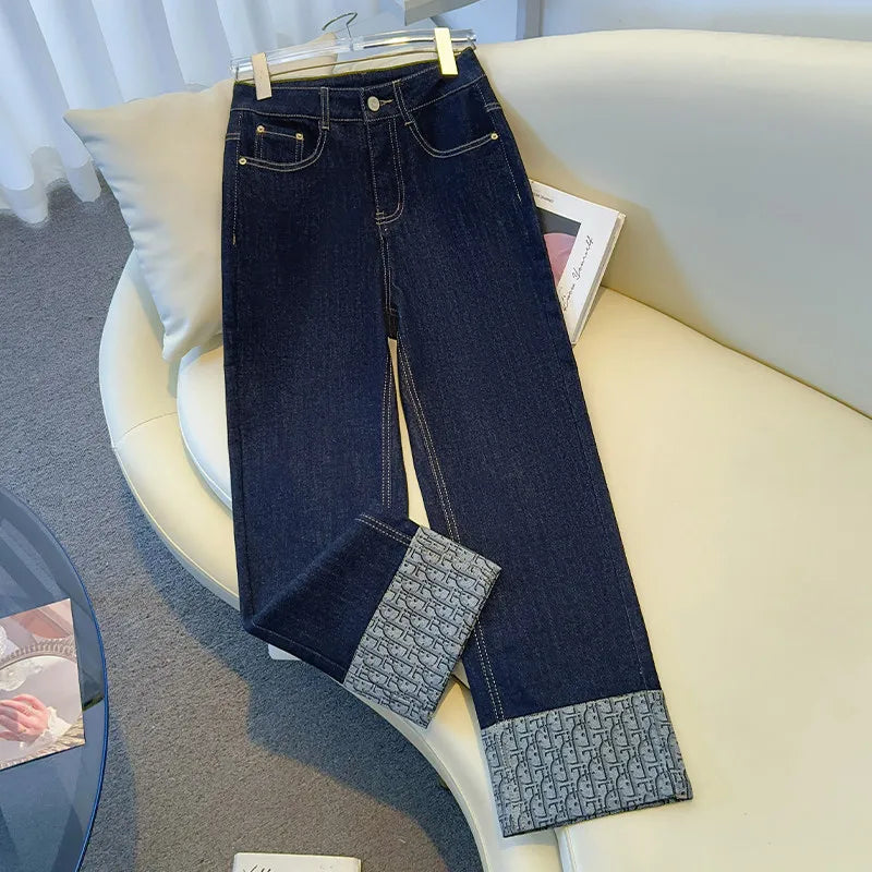 High-End Women's Straight Leg Jeans Loose Fit Spring Season Roll up Capri High Waist Denim Blue Flip Thermal Regulation