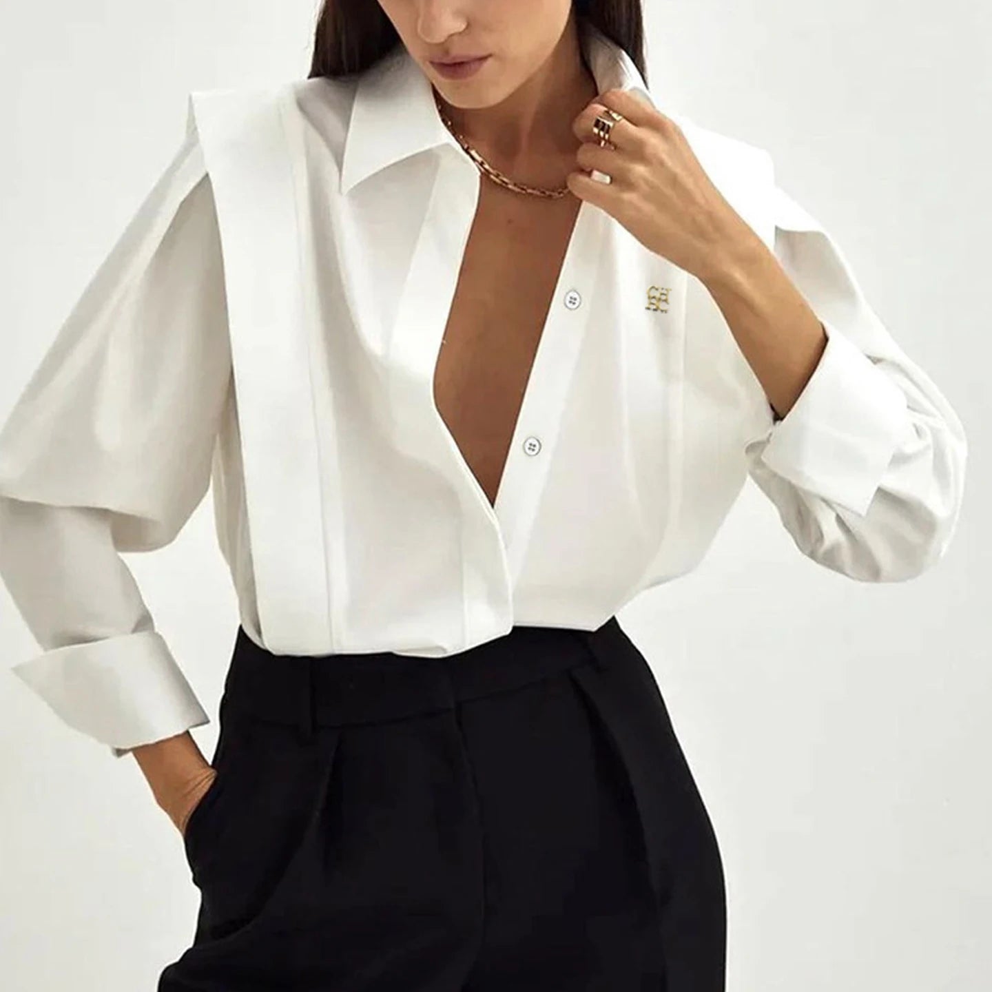 CH Womens CH Logo Embroidered Shirt Long Sleeve Structured Shoulder Office Blouse Fashion Button Down Top