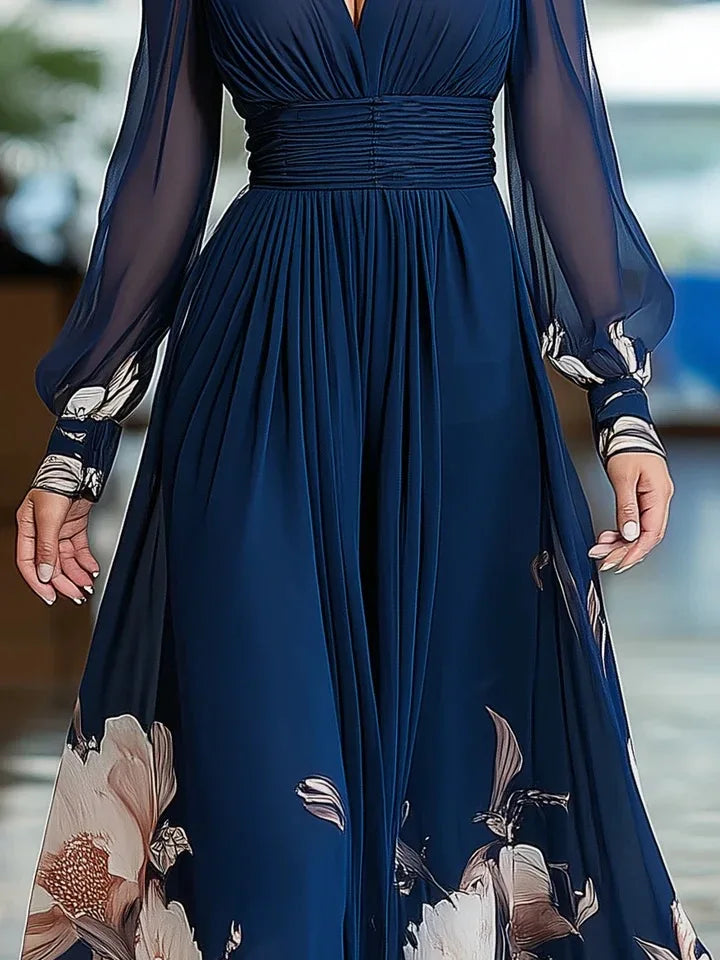 Elegant Long Sleeve Maxi Dress Women 2026 Summer V-neck Florat Print A-line Maxi Dresses Casual