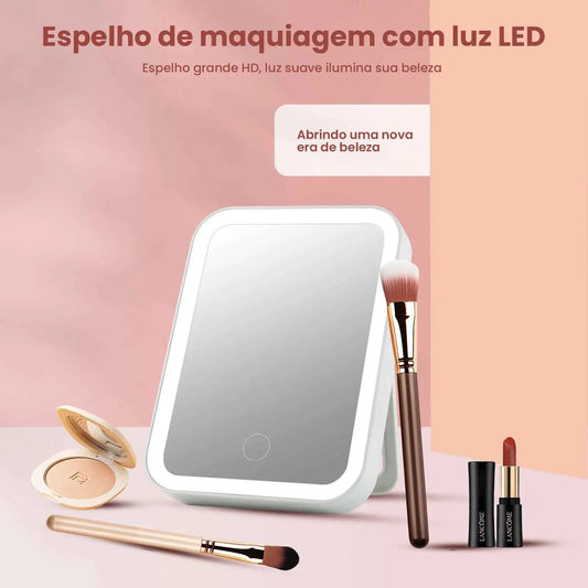 Espelho de Beleza com Lupa e Luz LED, 3 Painéis, Iluminação Ajustável, Base Antiderrapante para Bolsa e Viagem