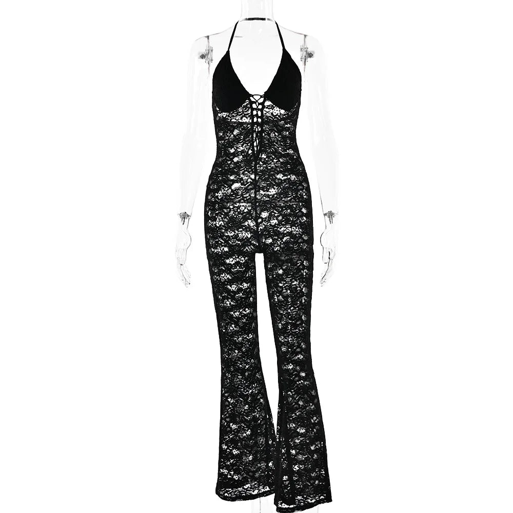 Women's New Sexy Fashion Hollow-Out Lace See-Through Backless Halter Slim Jumpsuit