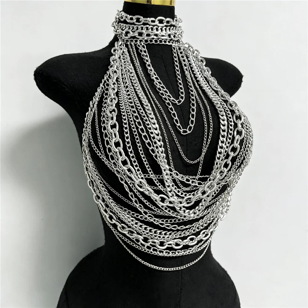 Silver Metal Chain Halter Top Sexy Layered Body Chain Vest Women Festival Rave Party Clubwear Lingerie Jewelry Accessory