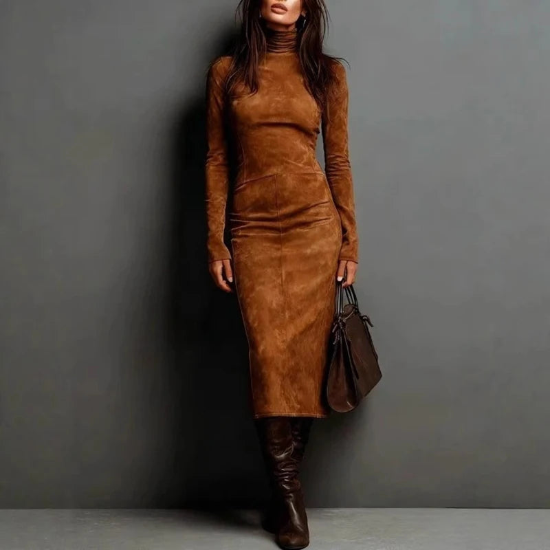 European American Women's Suede Turtleneck Long Sleeve Midi Dress Elegant Bodycon Dress for Autumn/Winter Fashion Party Clubwear