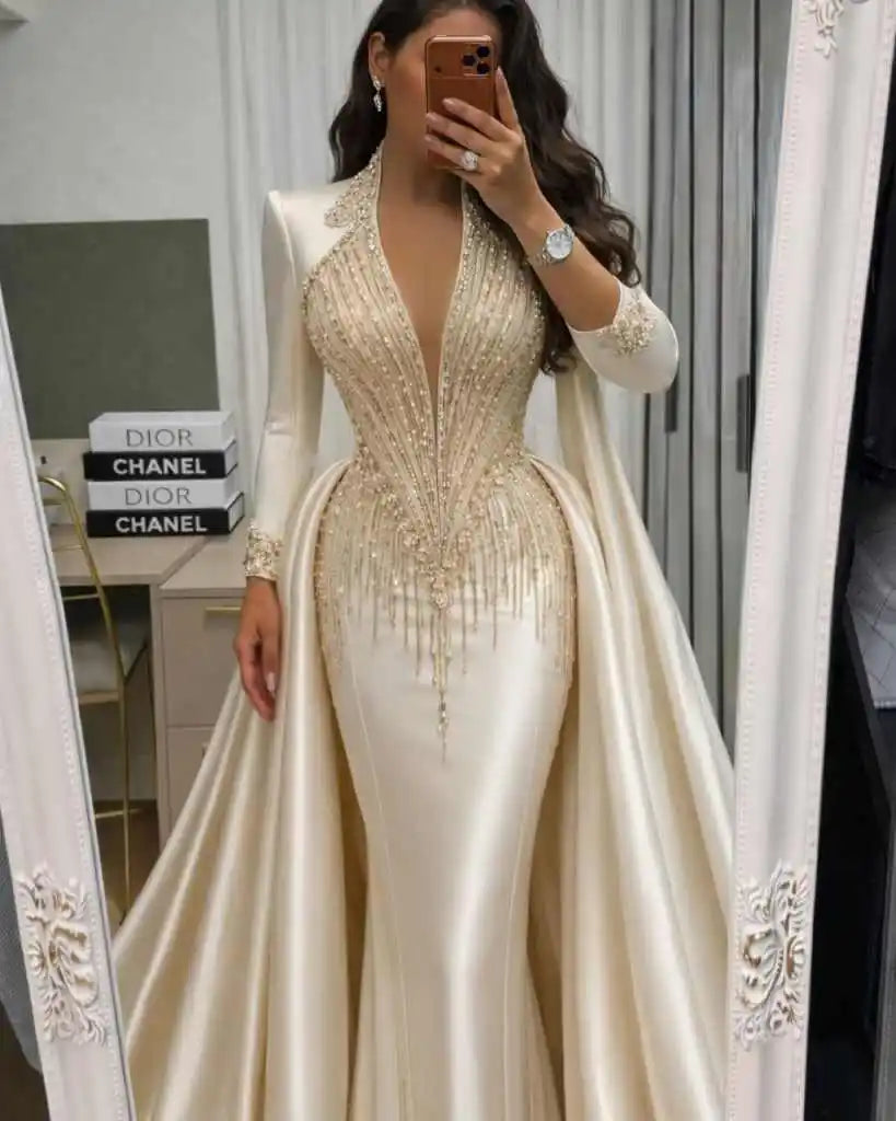 Simple Mermaid Wedding Dress V Neck Beaded Sequins Bride Gowns Elegant Long Sleeve Floor Length Bridal Dresses Customized