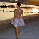 Vestidos curtos femininos com estampa tie-dye e decote em V profundo, manga flare, estampa slim, várias pregas,