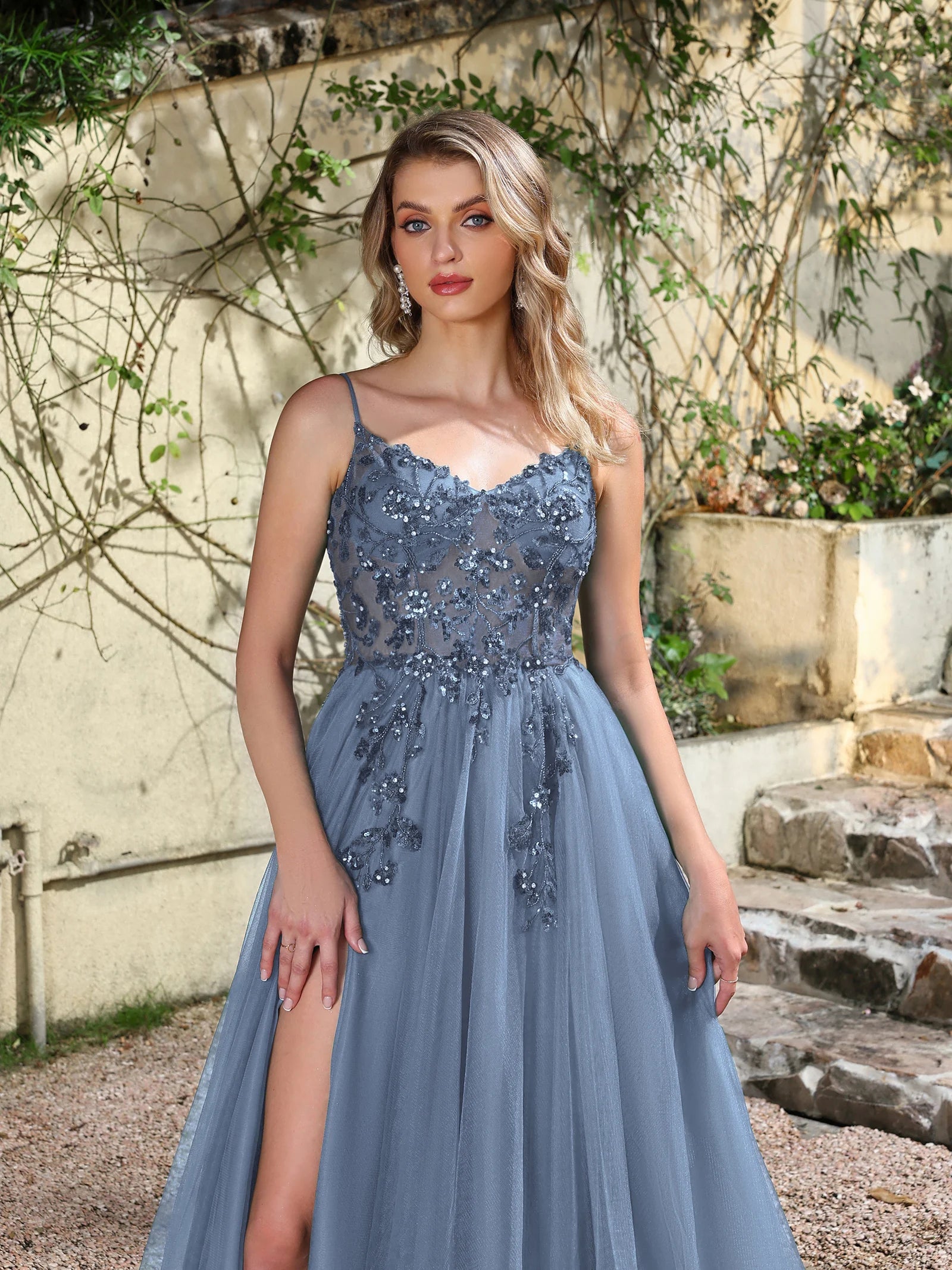 Dusty Blue Tulle Prom Dresses Long 2025 Appliqued Beaded A Line Slit Women Evening Gowns Elegant Dress For Wedding Party