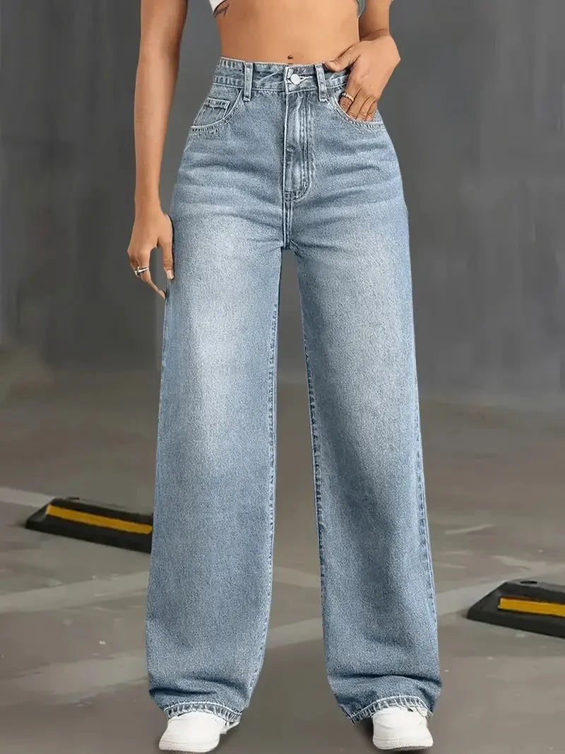 Classic Blue Y2K Jeans for Women Straight Leg Stretchy Denim Trousers Simple Design Retro Style Elastic Waist