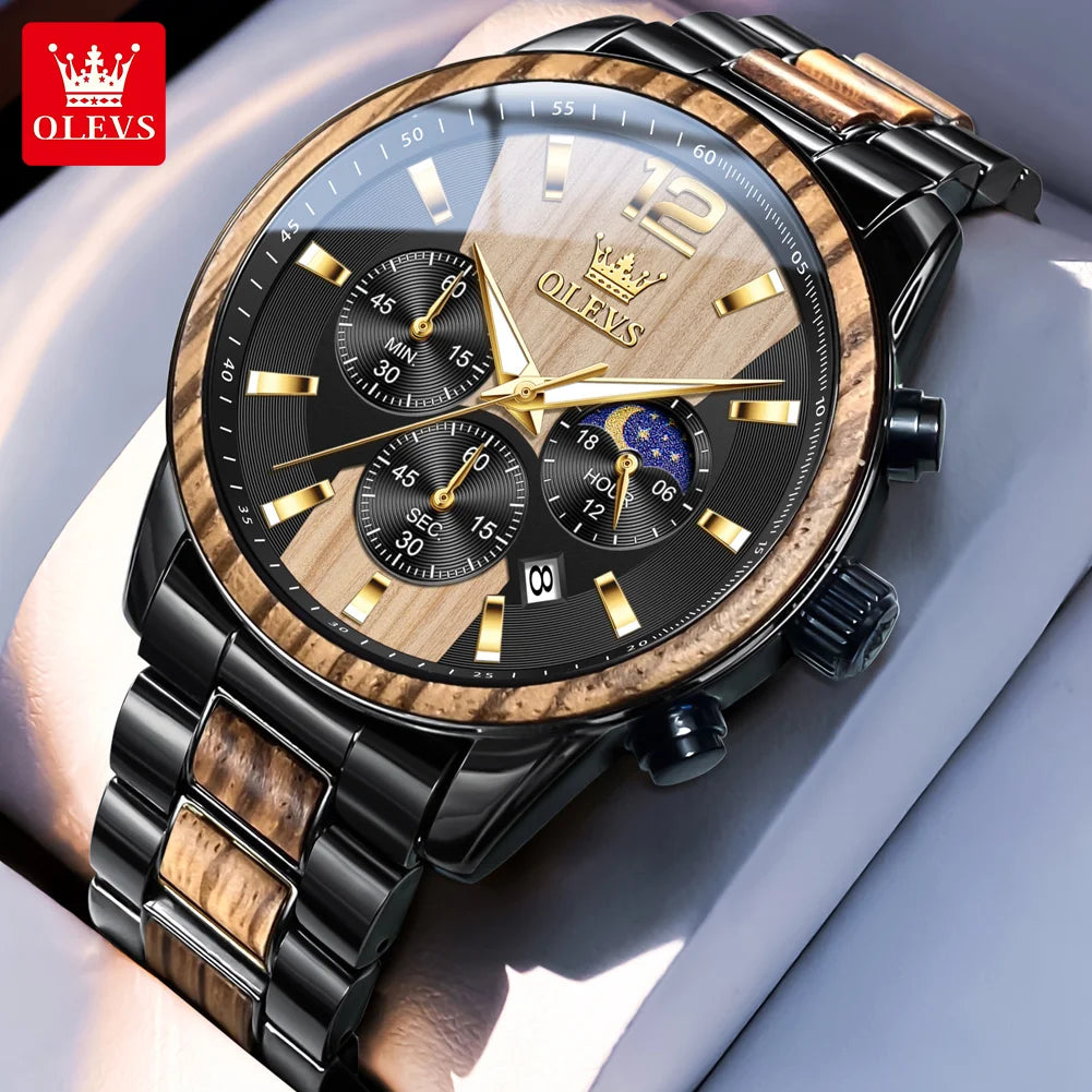 OLEVS 3645 Mens Watch Top Brand Business Original Quartz Watch Solid Wood Multifunctional Chronograph Watch Moon Phase Reloj New