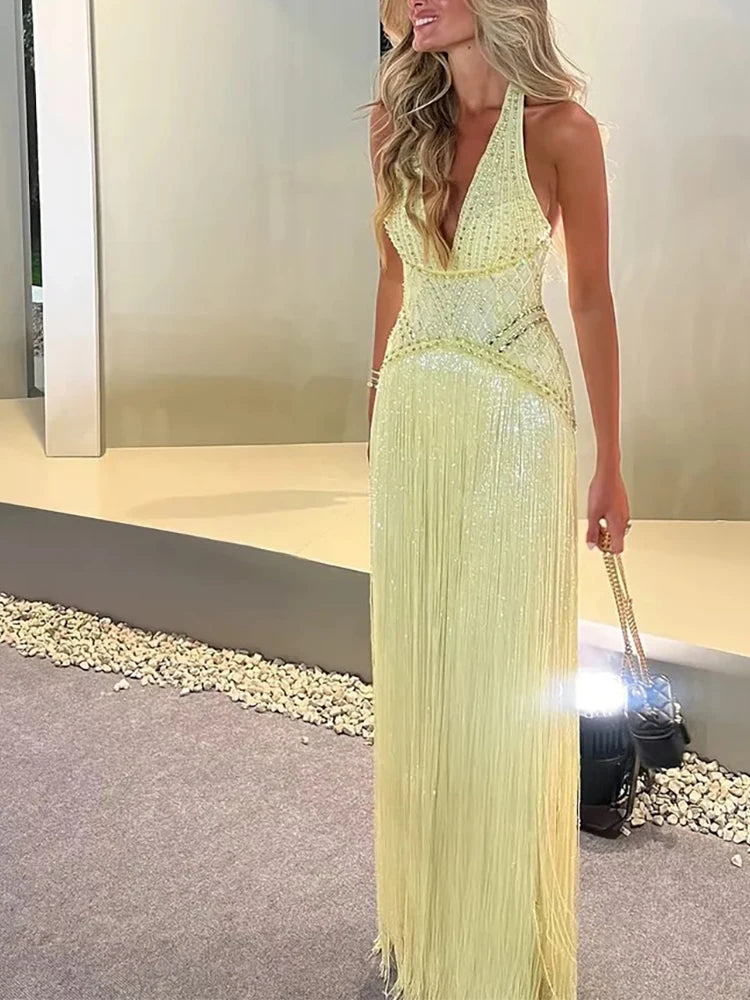 Sexy Off Shoulder Sleeveless Suspender Dress Women's Elegant High Waist Slim Tassel Long Dress Fashion Draped Solid Long Dress